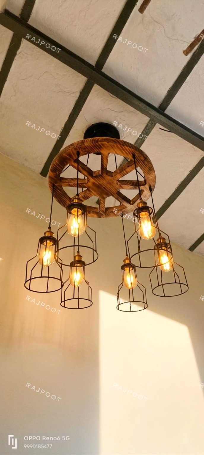 Wood Wheel Cage Bulb Chandelier