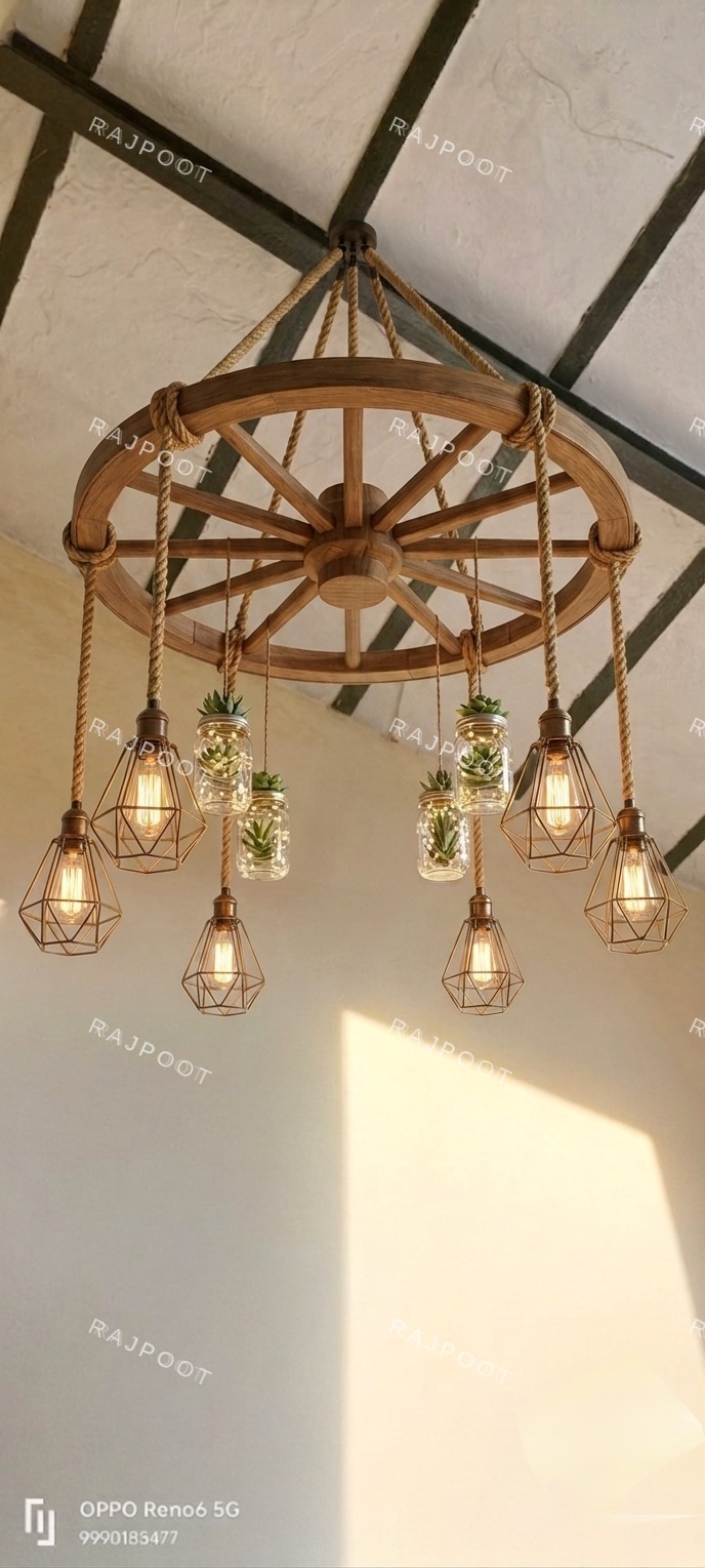 Wood Wheel Rope Jar Chandelier