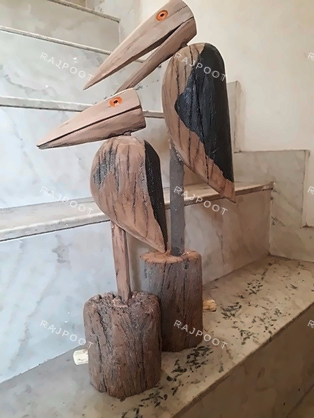 Standing Wooden Bird Sculpture Pair
